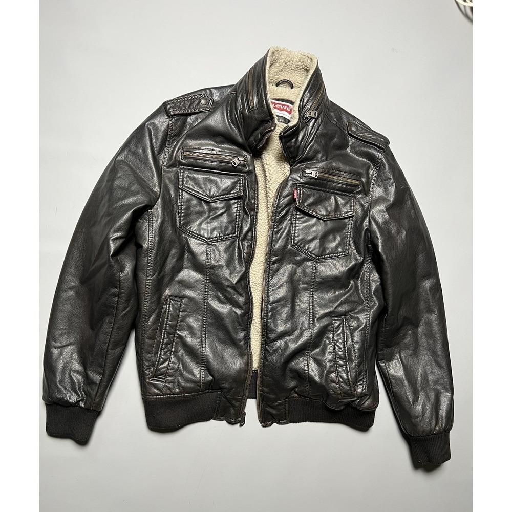 Vintage Levi's Men's Black Sherpa Lined Bomber Jacket Full Zip Stand-Up Collar L